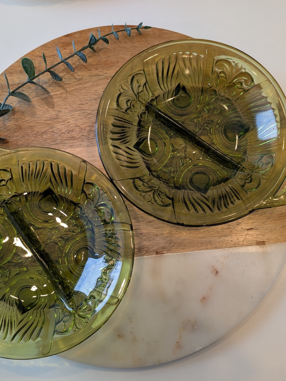Green Pressed Glass Divided Serving Dishes - Set of 2